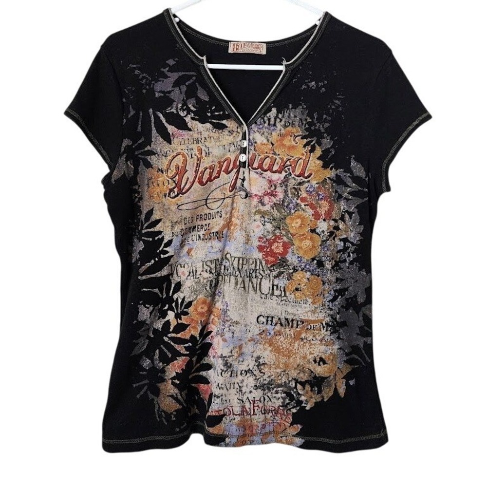 BLUE CANYON Vanguard Floral Graphic Henley Y2K Grunge Mall Goth Black Size L